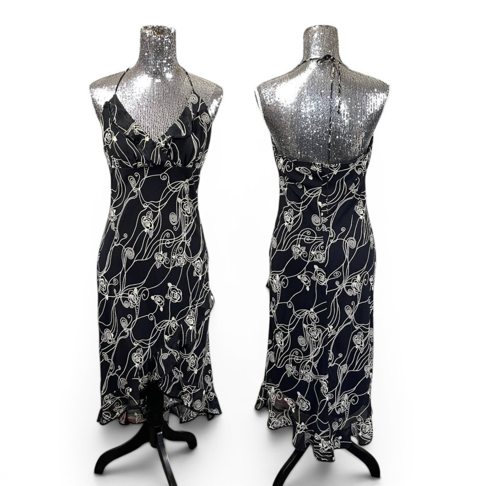 Vintage Y2K Rampage‎ Black Floral Ruffle Halter Midi Dress Whimsigoth Size 13